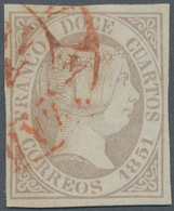 Spanien: 1851, Isabella II 10 Cuartos Oval Issue Grey-lilac Tied By UNIQUE Red Baeza-cds "ZARAGOZA / - Other & Unclassified