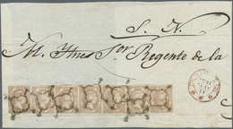 Spanien: 1851, 12 Cuartos Lilac, Horizontal Strip Of 7 Stamps, Even To Large Margins, Tied By Seven - Other & Unclassified