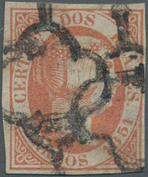 Spanien: 1851, 2 Reales Red-orange, Good Margins, With Triple Spider Cancellation In Black, Paper On - Autres & Non Classés