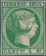 Spanien: 1853, 5 Reales Green, Complete Margins, Mint In Fresh And Intense Color. Beautiful Piece In - Autres & Non Classés