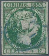 Spanien: 1853, 5 Cs. Green With Blue Grid-postmark. Very Rare. ÷ 1853, 5 Reales Verde, Infimo Punto - Autres & Non Classés