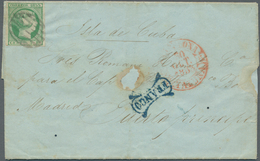 Spanien: 1853, 5 Reales Green, Full Margins, Tied By Oval Grill Cancel, Single Franking On Cover Wit - Autres & Non Classés