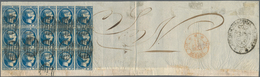 Spanien: 1853, 6 Reales Blue, Block Of 15 (5x3) Stamps, Tied By Oval Grill Cancels In Black On The F - Autres & Non Classés