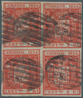 Spanien: 1854, 2 R Red Block Of Four, Cancelled With Grid-postmark, Cert. EXFIMA ÷ 1854, 2 Reales Ca - Autres & Non Classés