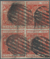 Spanien: 1854, 2r. Vermilion, Block Of Four, Fresh Colour And Close To Full Margins, Oblit. By Black - Autres & Non Classés