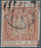 Spanien: 1854, 2 R Red Blue Paper, Cancelled With Grid-postmark ÷ 1854, 2 Reales Rojo, Papel Azulado - Autres & Non Classés