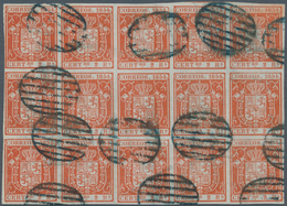 Spanien: 1854, 2 Reales Red, Block Of 15 (5x3) Stamps, Good To Large Margins At All Sides, Used With - Autres & Non Classés