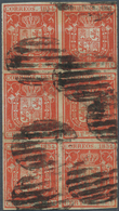 Spanien: 1854, 2 Reales Red, Block Of 6, Full Margins, Used With Intense Strikes Of Oval Grill Cance - Autres & Non Classés