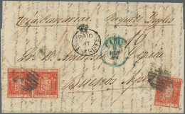 Spanien: 1854, 3 X 2 Reales Red, Horizontal Pair And Single Stamp, Tied By Oval Grill Cancel, Multip - Autres & Non Classés