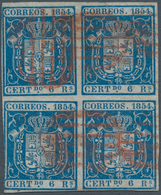 Spanien: 1854, 6 Reales Blue, Block Of 4, Left Side With Touched To Close, Else Good Margins, Used W - Autres & Non Classés