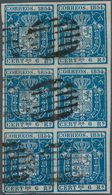 Spanien: 1854, 6 Reales Deep Blue, Block Of 6, Full To Broad Margins At All Sides, Used With Clear O - Autres & Non Classés