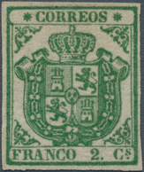 Spanien: 1854, 2 Cuartos Green, Mint In Fresh Color, Good Margins. Beautiful Example Of This Rare St - Autres & Non Classés