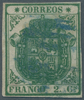 Spanien: 1854, 2 Cs. Green, Fine Points. Cancelled With Blue Grid-postmark. Very Rare. Cert. Graus ÷ - Autres & Non Classés