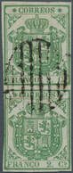 Spanien: 1854, 2 Cuartos Green, Vertical Pair, Close To Full Margins, Used With Centered Oval Grill - Autres & Non Classés