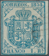 Spanien: 1854, 1 Real Bright Blue On Bluish Paper, Close To Full Margins, Fresh Color, Used With Par - Autres & Non Classés