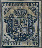 Spanien: 1854, Emblem 1 Real Deep-blue On Transparent White Paper Tied By Gray-green Barr Cancel Wit - Autres & Non Classés