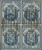 Spanien: 1854, 1 Real Deep Blue, Thin Paper, Block Of 4, Full To Large Margins At All Sides, Used Wi - Autres & Non Classés
