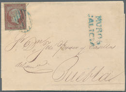 Spanien: 1856, 4 Cs. Red. On Folded Letter From Esteiro To Puebla. Blue Grid-postmark, Besides Two-l - Autres & Non Classés