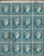 Spanien: 1856: 1 R Blue, Block Of 16 From The Upper Edge Of The Sheet. ÷ 1856: 1 R Blue, Superbe Blo - Autres & Non Classés