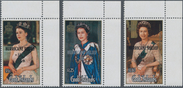 Cook-Inseln: 1987, 60th Birthday Of QEII Complete Set Of Three With Black Or Silver Opt. ‚HURRICANE - Cookinseln