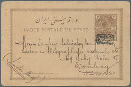 Iran: 1906/1920, Five Used Postal Stationery Cards And One Envelope 1904 12 Ch. Provisoire Overprint - Iran