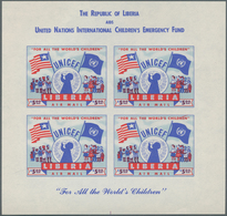 Liberia: 1954, UNICEF 5$ Red/blue (51 X 39 Mm) In A Lot With About 150 IMPERFORATED And 12 Perforate - Liberia