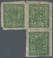 Nepal: 1880/1940 (ca.), Mint And Used On Stock Card, Inc. 4 A. Green Unit Of 3, Plus 1 A. Black Larg - Nepal