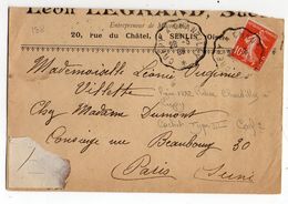 1908--Lettre De SENLIS-60 Pour PARIS-75--type Semeuse -cachet Ambulant Type III "Crépy à Chantilly"-- - 1877-1920: Période Semi Moderne