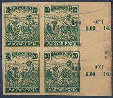 (*) 1919 Magyar Posta Arató 20f Vágott ívszéli Négyestömb Próbanyomat, Vastagabb, Vízjel és Enyvezés Nélküli Sárga Papír - Sonstige & Ohne Zuordnung