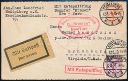 1929 Katapult Posta Levelezőlap Az USA-ba / Katapult Post Cover From Steamer Bremen To New York And Virginia - Other & Unclassified