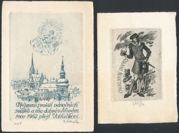 Jaroslav Vodrazka (1894-1984) 2 Db Ex Libris Rézkarc, Papír,  Jelzett  / Etched Bookplates 11x8, 17x11 Cm - Andere & Zonder Classificatie