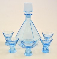 Kék Színű üveg Likőrös Készlet: Kiöntő + 5 Db Pohár, Némelyik Apró Csorbákkal, Különböző Méretben - Glass & Crystal