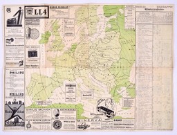 1929 Európa Rádióadó-állomásainak Hullámhossz-, Kilowatt- és Távolsági Térképe, összeáll.: Szepessy Árpád, 68×50 Cm - Other & Unclassified