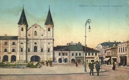 * T2/T3 Zsolna, Sillein, Zilina; Főtér Az árvaházi Templommal, Tatár József üzlete / Main Square, Church, Shops (EK) - Zonder Classificatie