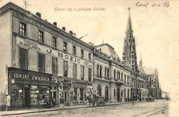 T2 1910 Eszék, Osijek, Esseg; Fő Tér, Templom, Ignjat Zwieback, J. Bozic, G. Baldauf és Philipp Fischer üzlete / Glavni  - Zonder Classificatie