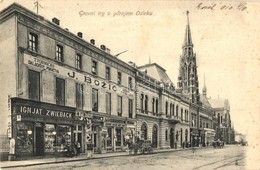 T2 1910 Eszék, Osijek, Esseg; Fő Tér, Templom, Ignjat Zwieback, J. Bozic, G. Baldauf és Philipp Fischer üzlete / Glavni  - Ohne Zuordnung