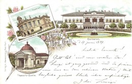 * T2 1897 (Vorläufer!) Bad Hall, Theater, Cursalon, Thassilo-Quelle / Theatre, Spa, Spring. E. Mareis. Floral, Litho - Ohne Zuordnung