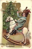 ** T2/T3 Boldog Karácsonyi ünnepeket! / Christmas Greeting Art Postcard, Rocking Horse. Art Nouveau, Litho  (EK) - Zonder Classificatie