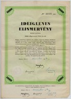 Budapest 1946. 'A Külföldi Törlesztéses 6%-os Aranykötvények 1927. évi Kölcsön' Ideiglenes Elismervénye,  1000$-ról Szár - Unclassified