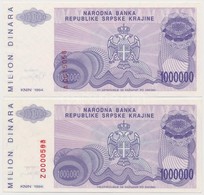 Horvátország / Krajna Szerb Köztársaság 1994. 1.000.000D (2x) Mindkettő Hibás Sorozat- és Sorszámmal T:I 
Croatia / Repu - Ohne Zuordnung