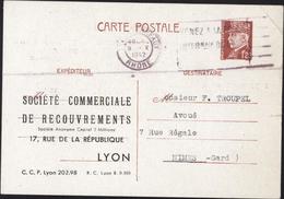 Carte Entier Petain 1.20 Repiquage Sté Commerciale Recouvrements Lyon Storch D1G5 CAD Lyon Terreaux 9 X 42 Flamme Foire - Overprinter Postcards (before 1995)
