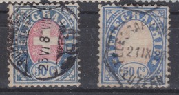 SUISSE TELEGRAPHE 1881 : Deux Timbres De  50c. Bleu Et Rose, Papier Mêlé, 2 Nuances, Oblitérés - Telegraph