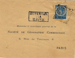 1902- DEVANT ( Front)  Affr. 12 1/2 Ct Oblit. De Paramaribo - "SURINAM / VIA / HAVRE  " Pour Paris - Maritime Post