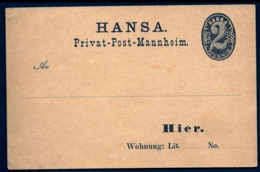 RARE ENTIER POSTAL ALLEMAGNE- HANSA- PRIVAT-POST MANNHEIM- 2 Pf NOIR - NEUF- - Private & Local Mails