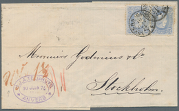 Belgien: 1874. Envelope Addressed To Sweden Bearing Yvert 31, 20c Blue (2) Tied By Anvers Date Stamp - Lettres & Documents