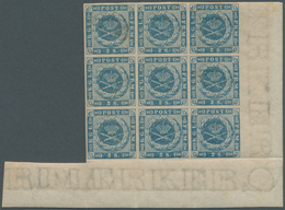 Dänemark: 1855 2s. Blue, Imperforated, Dotted Spandrels, Bottom Right CORNER BLOCK OF NINE, MINT NEV - Gebruikt