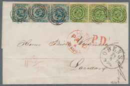 Dänemark: 1854 2s. Blue Horizontal Strip Of Three And 1858 8s. Green Horizontal Strip Of Three As Co - Gebruikt