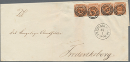 Dänemark: 1854, 4 Sk Orange Brown, Horizontal Strip Of 4, Each Stamp Tied By Numeral Cancellation "2 - Used Stamps