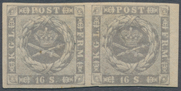 Dänemark: 1857 Square Issue 16s. Grey, Right Hand Marginal Horizontal Pair, Mint Never Hinged With O - Used Stamps