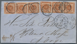 Dänemark: 1858 4s. Orange-brown TWO VERTICAL STRIPES OF THREE, Used On Part Cover (front Only) From - Gebruikt